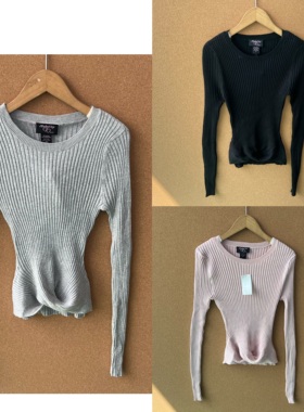2P1-12初秋不规则短款针织衫毛衣圆领修身显瘦纯色打底衫H25-9