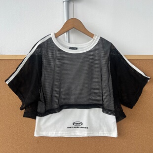 T恤假两件网眼镂空拼接休闲字母印花Y25 短袖 夏季 67中大童款