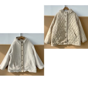 2窗 1日单森系加绒双面可穿绗缝菱格灯芯绒包边连帽外套Z25