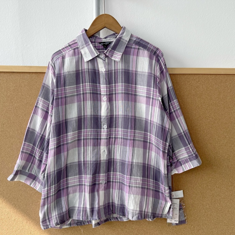 2K-105中袖单排扣格子衬衫上衣森系复古气质翻领文艺通勤Y25-11