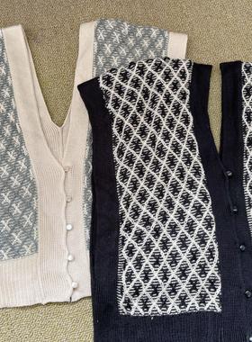 楼1A-28日系无袖V领纽扣宽松针织百搭马甲春秋款拼色短款背心H2