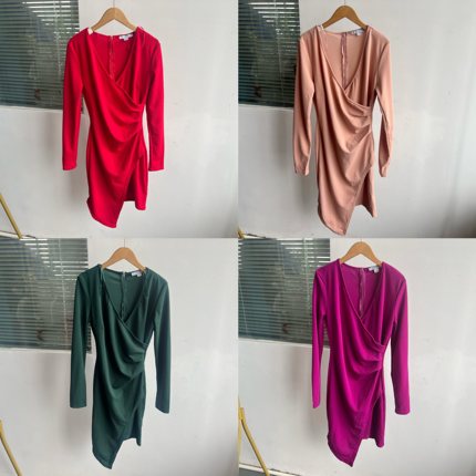 2R-19女V领有弹不规则下摆修身显瘦收腰气质减龄长袖连衣裙Z25-7