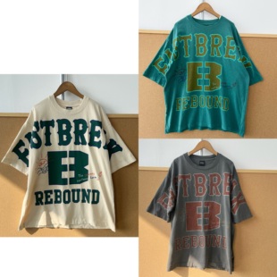 H25 日单复古做旧印花字母街头风撞色设计感小众短袖 98高货