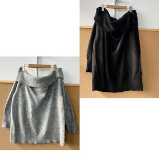 慵懒风复古翻领Y25 上衣长袖 一字肩性感纯欲针织衫 173秋冬季