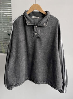 Z2-18春秋复古慵懒风立领暗扣牛仔抽绳套头上衣宽松高级感H25-3