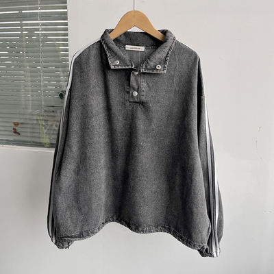 Z2-18春秋复古慵懒风立领暗扣牛仔抽绳套头上衣宽松高级感H25-3