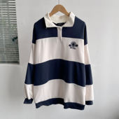 48美式 毛圈棉长袖 条纹拼色套头立领T恤上衣女经典 楼3 休闲D25