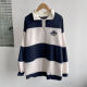 48美式 毛圈棉长袖 条纹拼色套头立领T恤上衣女经典 楼3 休闲D25