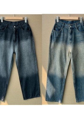 2F1-64春秋复古水洗渐变做旧牛仔裤宽松直筒阔腿裤百搭长裤H26-3