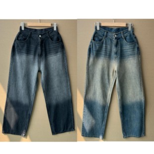 H26 2F1 百搭长裤 宽松直筒阔腿裤 64春秋复古水洗渐变做旧牛仔裤