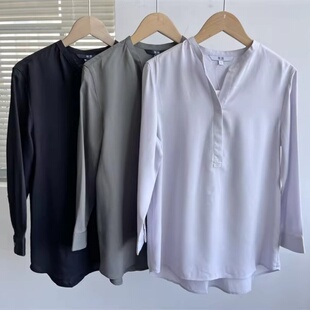 显瘦上衣通勤文艺Y26 南2 19纯色立领日系简约百搭休闲宽松衬衫