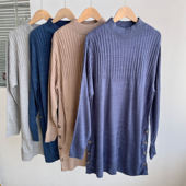 180春款 纯色针织中长款 长袖 上衣女竖条纹理设计百搭宽松D25