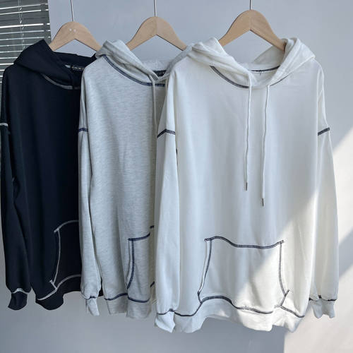 R2-54日系春秋撞色拼接明线设计感宽松休闲连帽大口袋卫衣H25-3