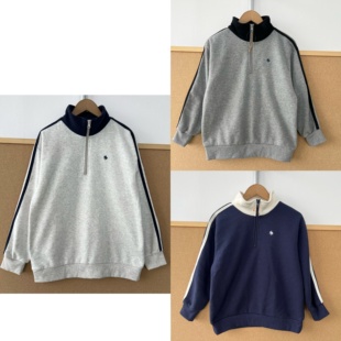 2Q1-66 男女童立领加绒卫衣保暖侧边条纹小标刺绣半拉链上衣J26-1