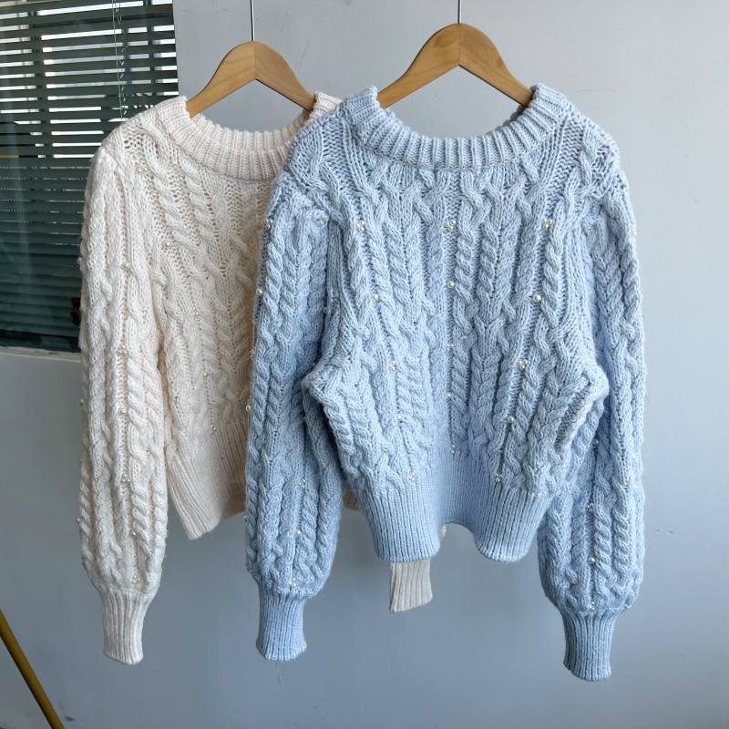 2d-5秋冬设计感套头毛衣圆领带珍珠宽松显瘦慵懒风外穿上衣Y25-4