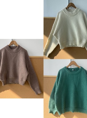 楼7-73秋冬季慵懒风圆领宽松菱格针织上衣文艺显瘦复古松Y25-12