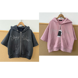 2V1-103韩版女士连帽抽绳拉链镶砖字母设计感可爱风短袖T恤Z26-6
