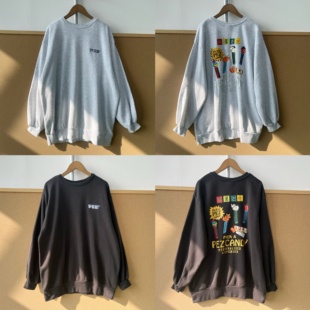 2E-70加绒后背卡通图案印花长袖卫衣慵懒风设计感中长款上衣J26-1