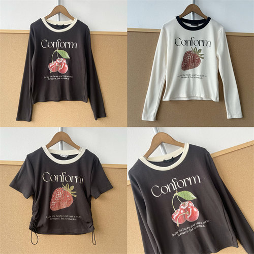 楼9-104韩系可爱温柔风撞色水果印花T恤女抽绳收腰显瘦上衣T26-3