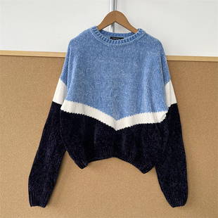 上衣秋冬Y25 69雪尼尔拼色毛衣圆领套头慵懒风舒适简约长袖