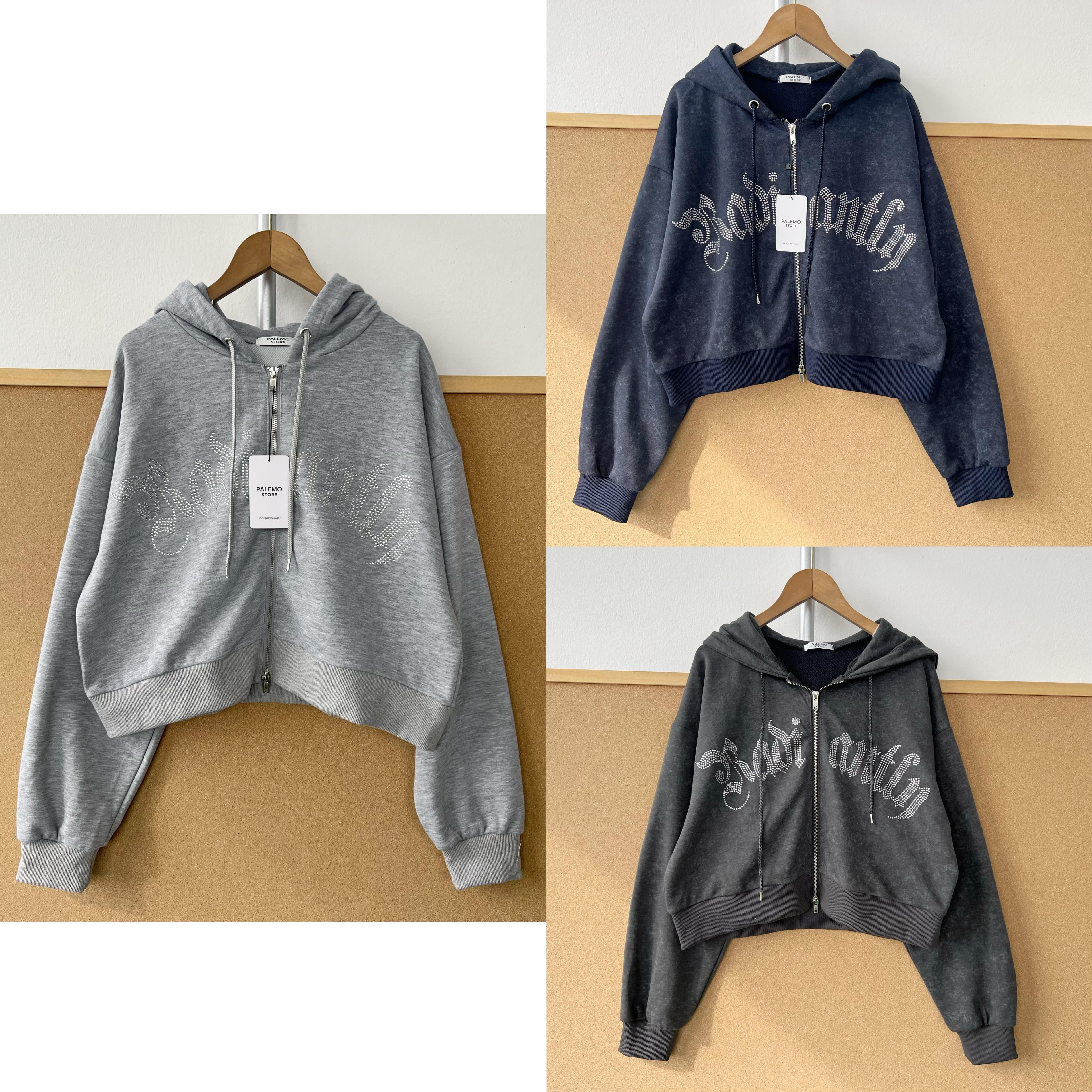 羊2-42烫钻字母连帽拉链卫衣设计感显瘦做旧短款开衫上衣J26-2 - 南方小外贸服装批发1号店出品