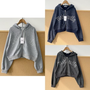 上衣J26 开衫 42烫钻字母连帽拉链卫衣设计感显瘦做旧短款 羊2