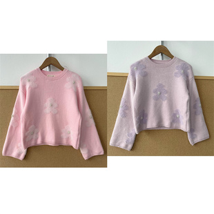 88大童软糯甜美风立体花朵珍珠毛衣春秋保暖上衣T26