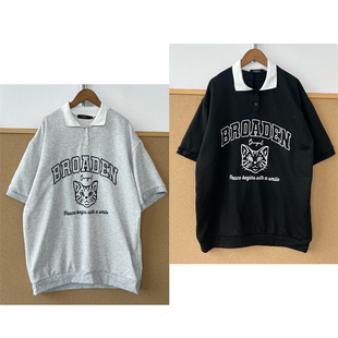 2V1-119韩系翻领猫头印花字母刺绣设计感学院风休闲短袖T恤Z26-7