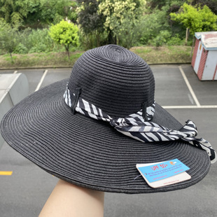 草编织大帽檐圆顶条纹系带优雅淑女沙滩旅游遮阳帽Z25 10夏季
