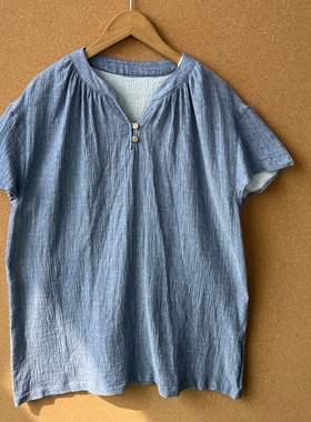 2L-89双层棉纱蓝色V领翻领气质短袖衬衫宽松百搭减龄上衣Z25-9