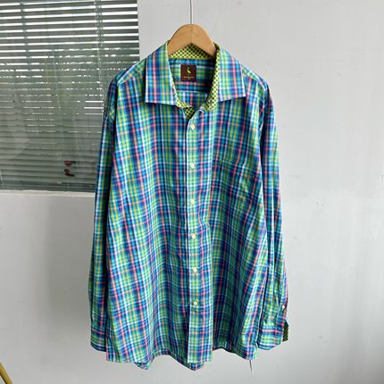 2R-6大码男款薄款长袖复古翻领纽扣格子衫休闲百搭宽松上衣Z25-5