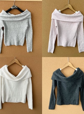 2Q1-39秋冬季一字肩女士日系纯色针织上衣大翻领设计打底衫Y25-10