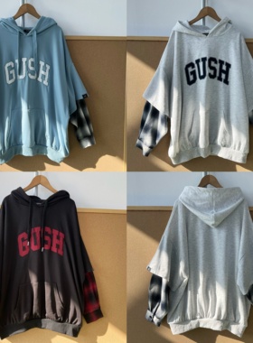 W3-108嘻哈宽松假两件连帽卫衣格纹拼接袖个性设计感上衣J25-12