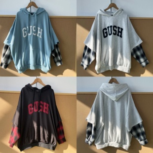 设计感上衣J25 个性 108嘻哈宽松假两件连帽卫衣格纹拼接袖