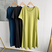 楼11A 连衣长裙女宽松显瘦简约百搭气质遮肉D25 2夏款 纯色短袖