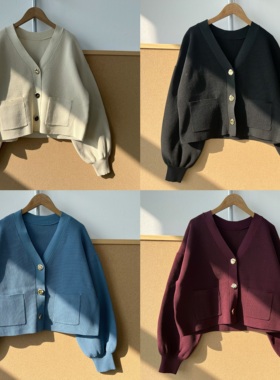 楼9A-2简约V领慵懒风小众设计肌理感坑条短款针织开衫外套H26-1