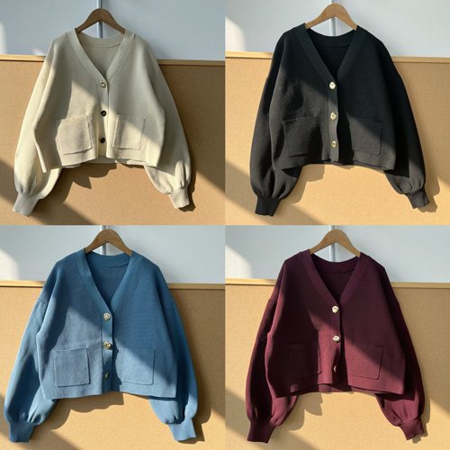 楼9A-2简约V领慵懒风小众设计肌理感坑条短款针织开衫外套H26-1