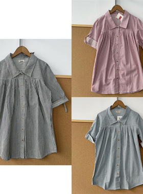 楼10A-25复古单排扣条纹衬衫褶皱设计感温柔通勤短袖上衣Z25-12