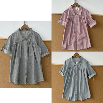 楼10A-25复古单排扣条纹衬衫褶皱设计感温柔通勤短袖上衣Z25-12