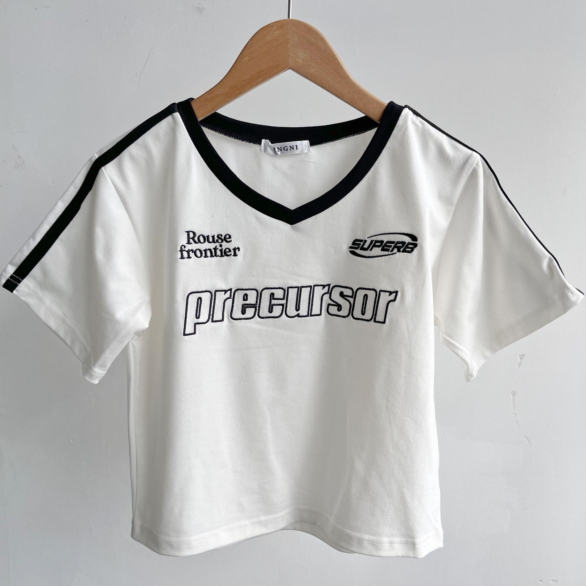 微瑕美式复古辣妹短袖T恤夏季运动条纹短款上衣修身打底衫内搭Y10