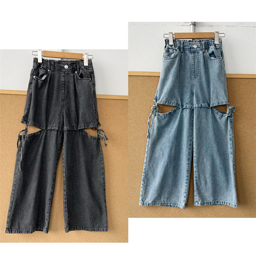 2P-66儿童设计感侧边镂空拼接系带牛仔裤女假两件解构长裤T26-4