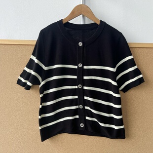 显瘦百搭设计感圆领显瘦小清新Y26 短袖 73撞色条纹针织开衫 楼4