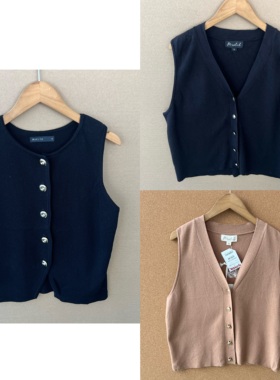 2O1-8春秋无袖宽松设计感短款坎肩开衫百搭韩系V领修身上衣H25-9