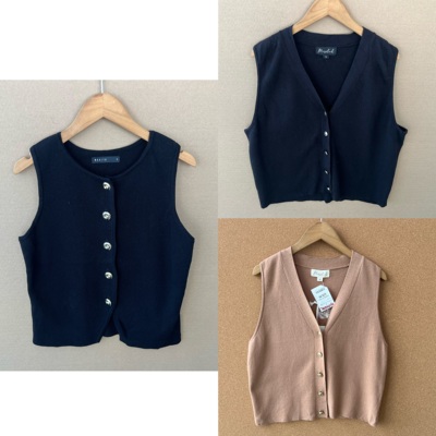 2O1-8春秋无袖宽松设计感短款坎肩开衫百搭韩系V领修身上衣H25-9