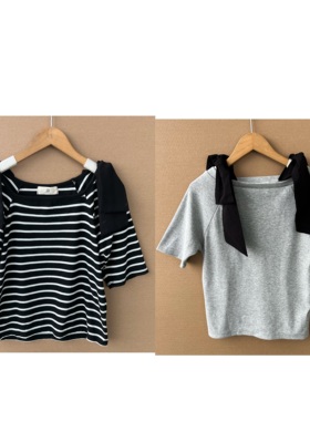 2G1-11夏女装韩系别致蝴蝶结装饰修身短袖日常百搭针织上衣Z25-8