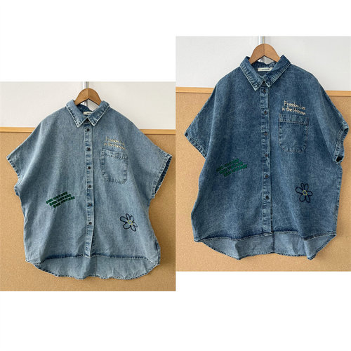3T-17韩系翻领单排扣字母花朵刺绣水洗做旧前短后长衬衫上衣Z26-7