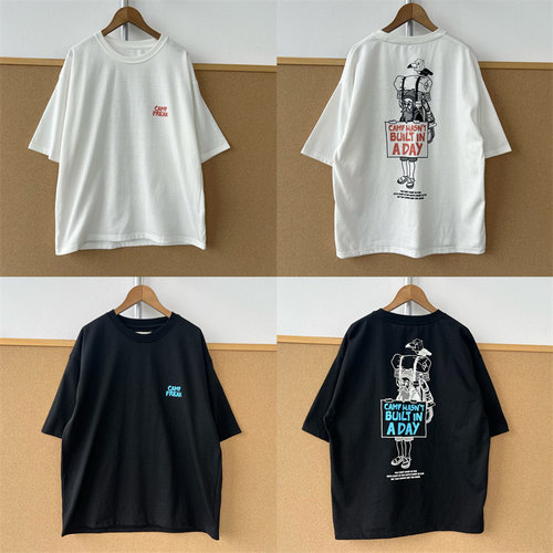 2S-254日系趣味露营者卡通后背印花短袖T恤男女同款情侣上衣T26-5
