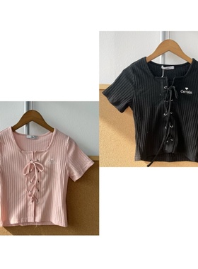 2M1-39女童夏季短袖T恤绑带字母刺绣韩系甜美风修身上衣Z25-12