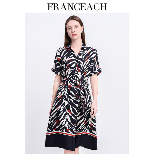 法涵意弛高级感印花真丝连衣裙女2025夏新款通勤气质桑蚕丝衬衫裙