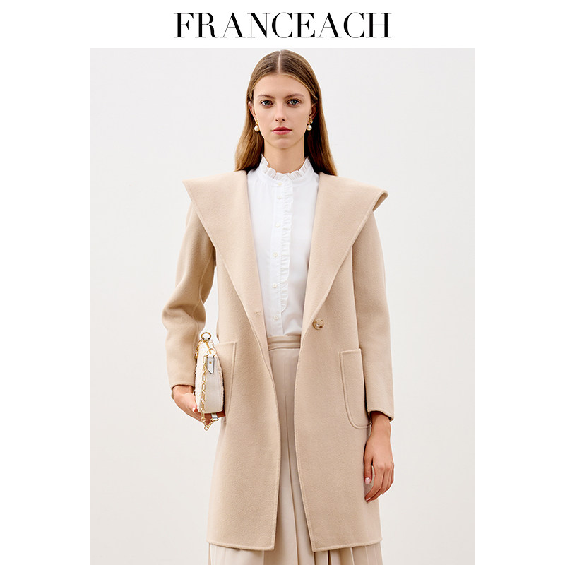 赫本风双面无羊绒连帽大衣女中长款毛呢外套小个子浴袍双面呢大衣